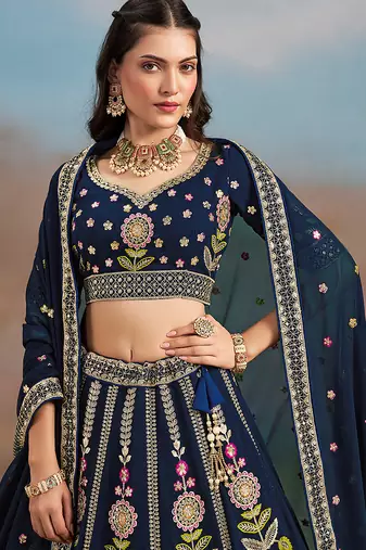 Navy Blue Embroidered Faux Georgette Reasymade Lehenga Choli