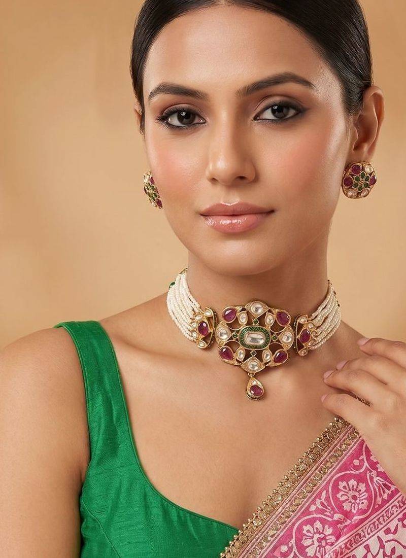 Multicolor royal kundan ruby pearl choker set