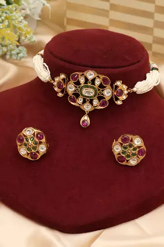 Multicolor royal kundan ruby pearl choker set
