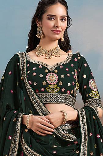 Bottle green Embroidered Faux Georgette Reasymade Lehenga Choli