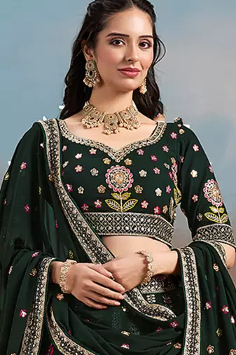 Bottle green Embroidered Faux Georgette Reasymade Lehenga Choli