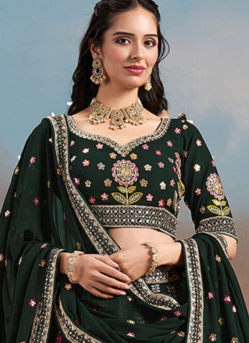 Bottle green Embroidered Faux Georgette Reasymade Lehenga Choli