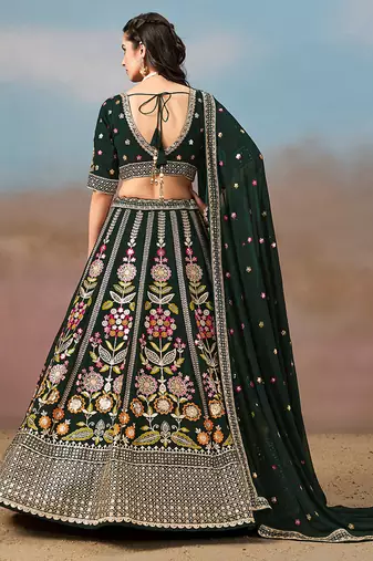 Bottle green Embroidered Faux Georgette Reasymade Lehenga Choli