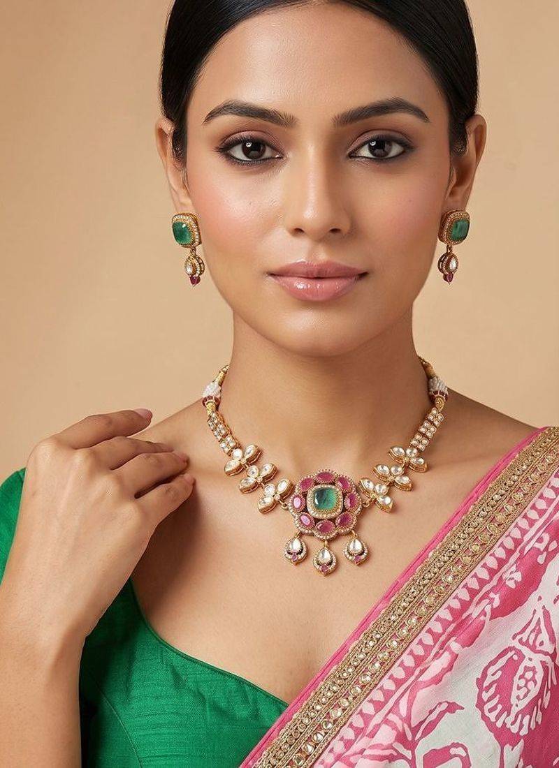 Multicolor luxury kundan moissanite bridal necklace set