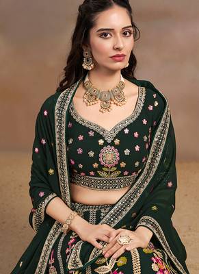 Bottle green Embroidered Faux Georgette Reasymade Lehenga Choli 3