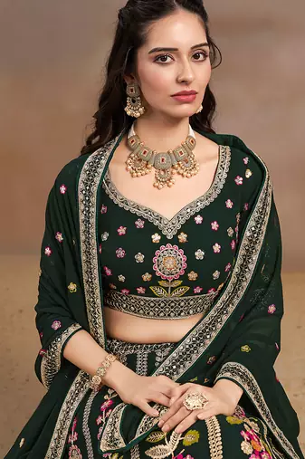 Bottle green Embroidered Faux Georgette Reasymade Lehenga Choli