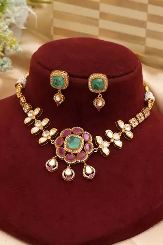 Multicolor luxury kundan moissanite bridal necklace set