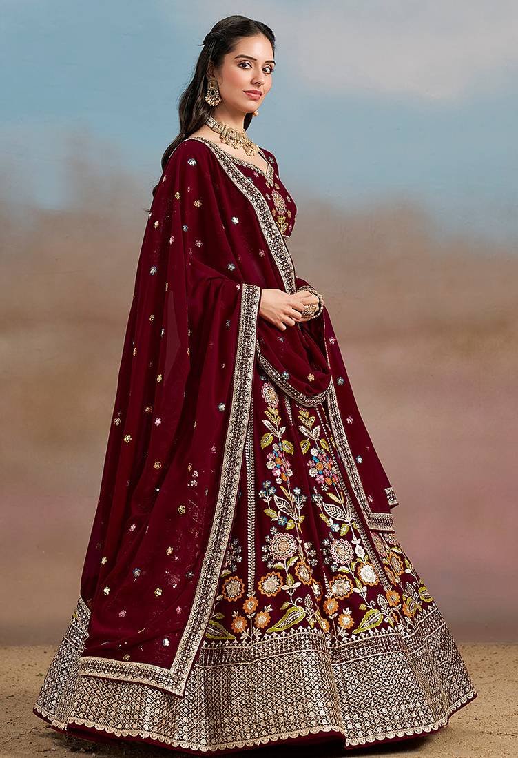 Maroon Embroidered Faux Georgette Reasymade Lehenga Choli