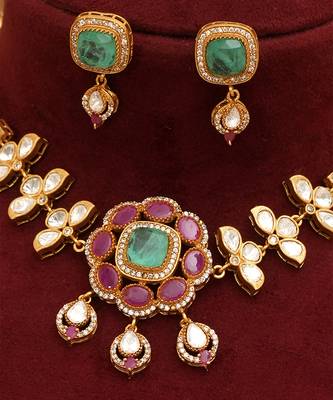 Multicolor luxury kundan moissanite bridal necklace set 3
