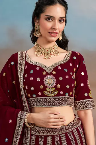 Maroon Embroidered Faux Georgette Reasymade Lehenga Choli