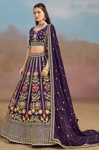 Purple Embroidered Faux Georgette Reasymade Lehenga Choli