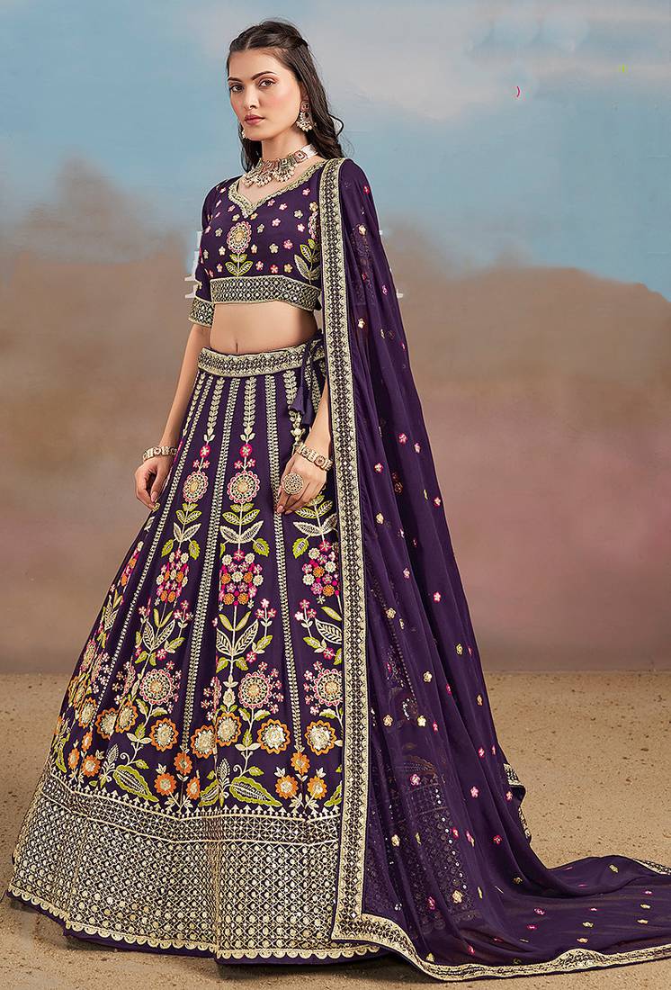 Purple Embroidered Faux Georgette Reasymade Lehenga Choli