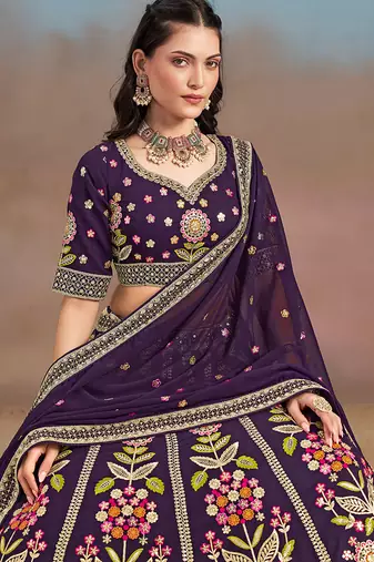 Purple Embroidered Faux Georgette Reasymade Lehenga Choli