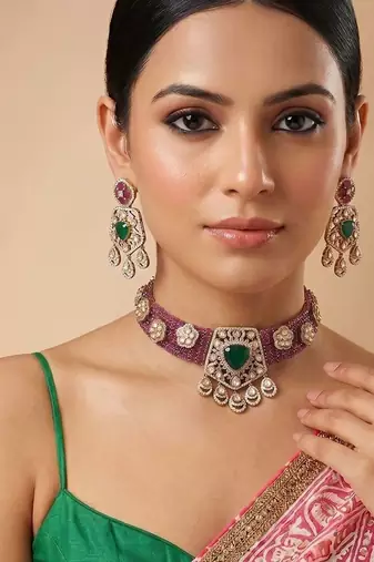Ruby pink emerald moissanite stone necklace set