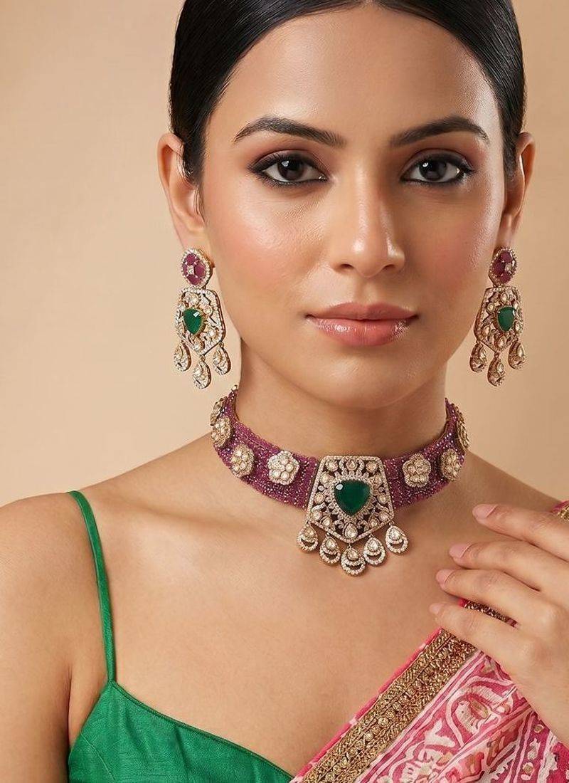 Ruby pink emerald moissanite stone necklace set