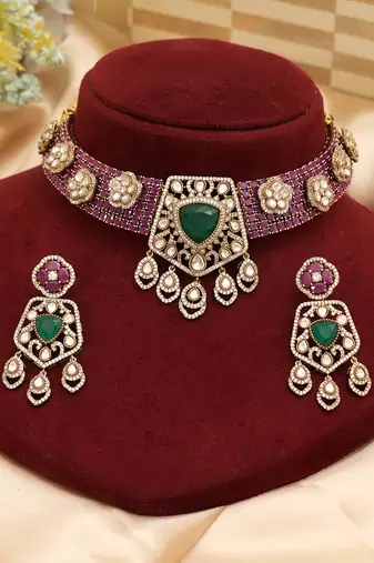 Ruby pink emerald moissanite stone necklace set