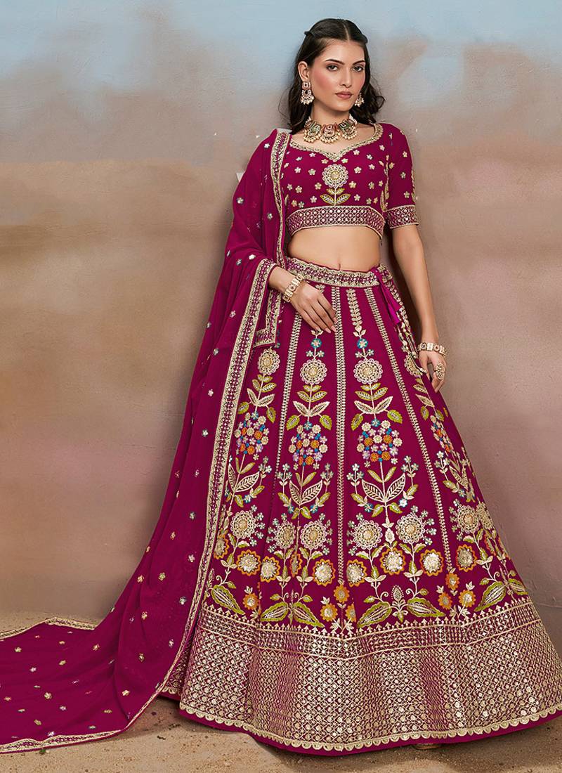 Rani Pink Embroidered Faux Georgette Reasymade Lehenga Choli