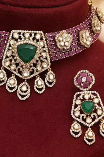 Ruby pink emerald moissanite stone necklace set