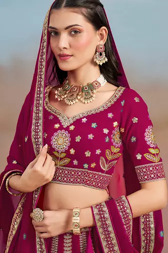 Rani Pink Embroidered Faux Georgette Reasymade Lehenga Choli