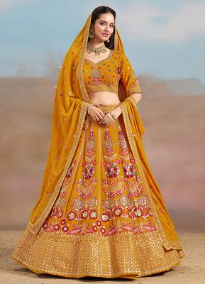 Mustard Embroidered Faux Georgette Reasymade Lehenga Choli 1