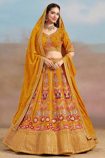 Mustard Embroidered Faux Georgette Reasymade Lehenga Choli
