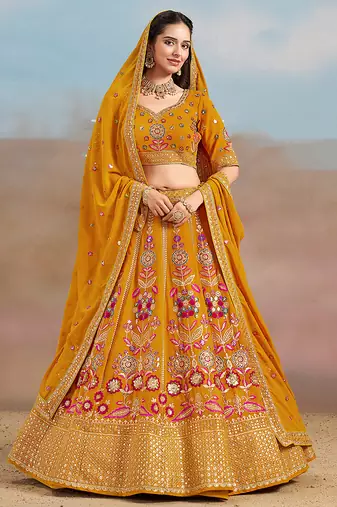 Mustard Embroidered Faux Georgette Reasymade Lehenga Choli