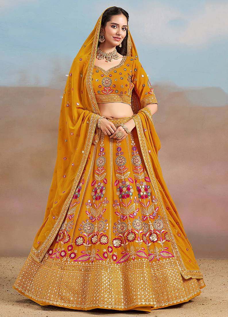 Mustard Embroidered Faux Georgette Reasymade Lehenga Choli