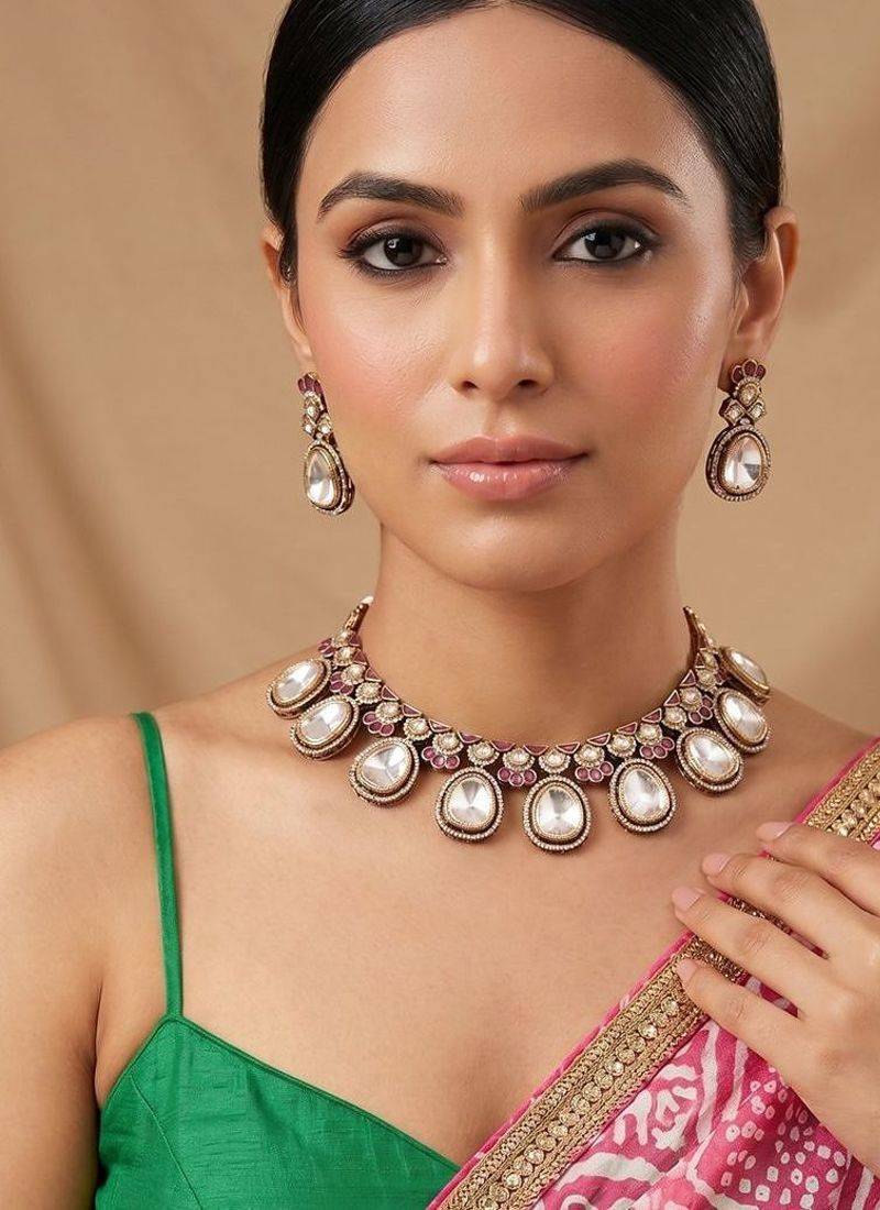Ruby pink moissanite polki kundan choker set