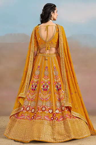 Mustard Embroidered Faux Georgette Reasymade Lehenga Choli