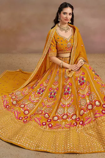 Mustard Embroidered Faux Georgette Reasymade Lehenga Choli
