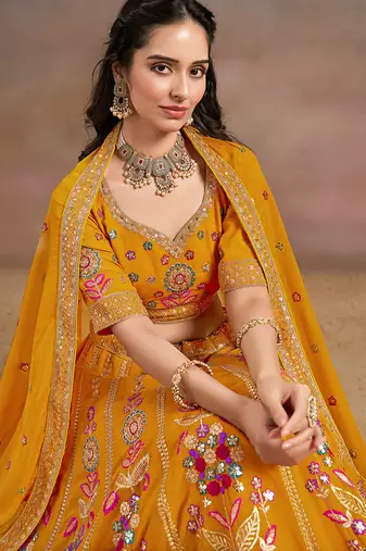 Mustard Embroidered Faux Georgette Reasymade Lehenga Choli