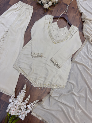 Off-white embroidered short kurti with flared pants & mirror-work dupatta set 4