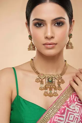 Gold plated green heritage kundan necklace set