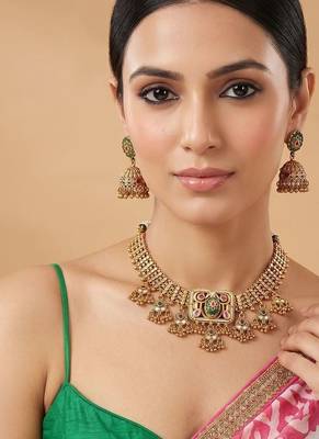 Gold plated green heritage kundan collar necklace set 1