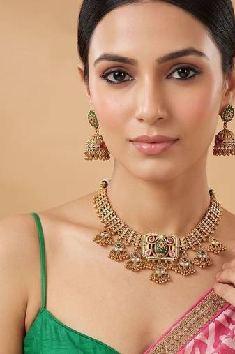 Gold plated green heritage kundan collar necklace set