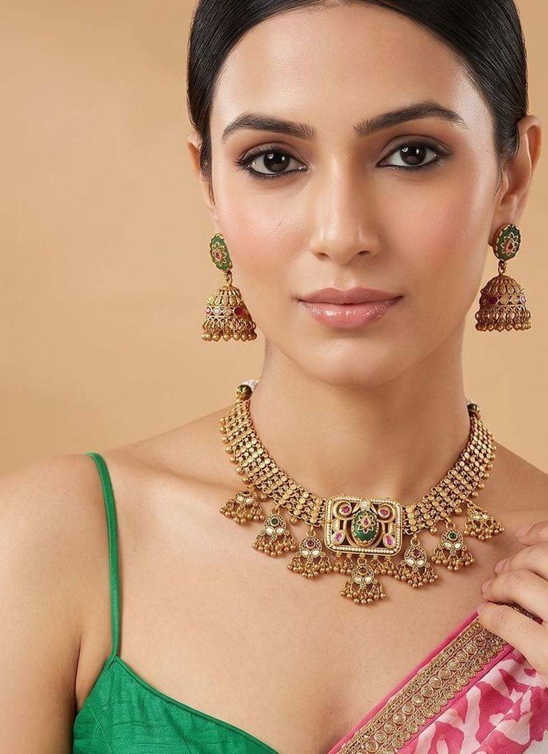 Gold plated green heritage kundan collar necklace set