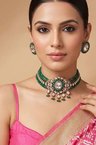 Royal green moissanite kundan necklace set