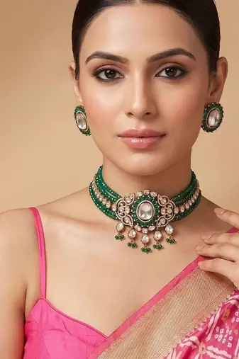 Royal green moissanite kundan necklace set