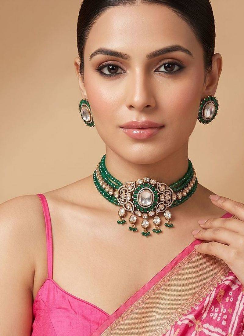 Royal green moissanite kundan necklace set