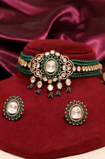 Royal green moissanite kundan necklace set