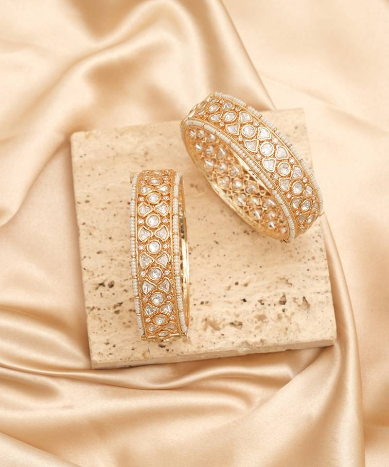 Gold plated white stones kundan bangles