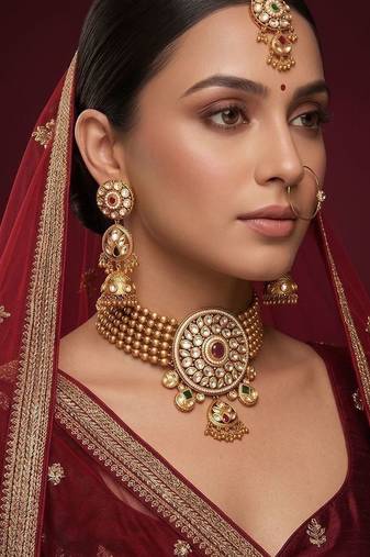 Gold plated royal kundan bridal necklace set with maang tikka