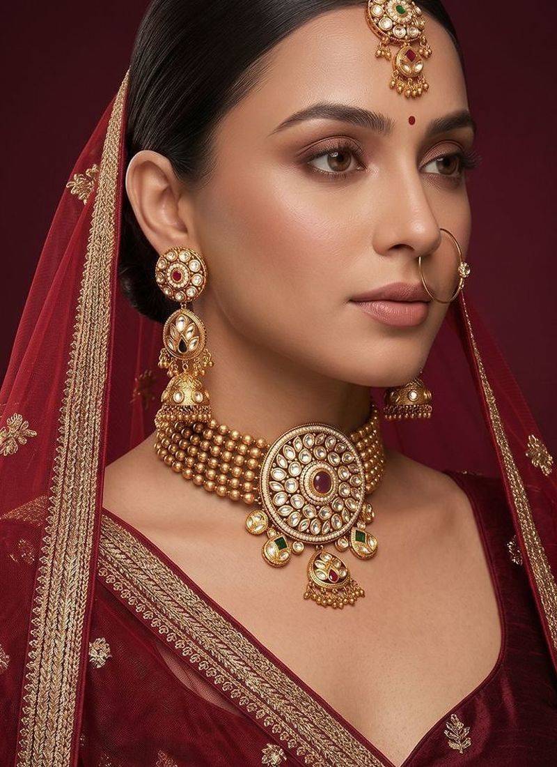 Gold plated royal kundan bridal necklace set with maang tikka