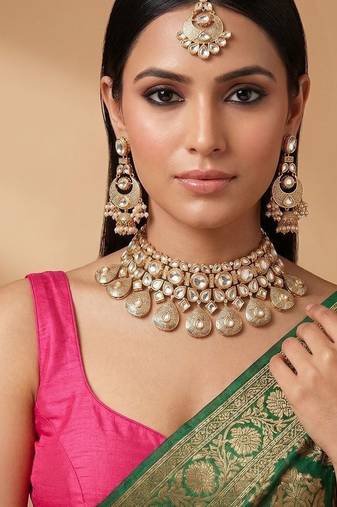 Gold plated kundan meena bridal choker set with maang tikka