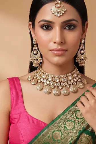 Gold plated kundan meena bridal choker set with maang tikka