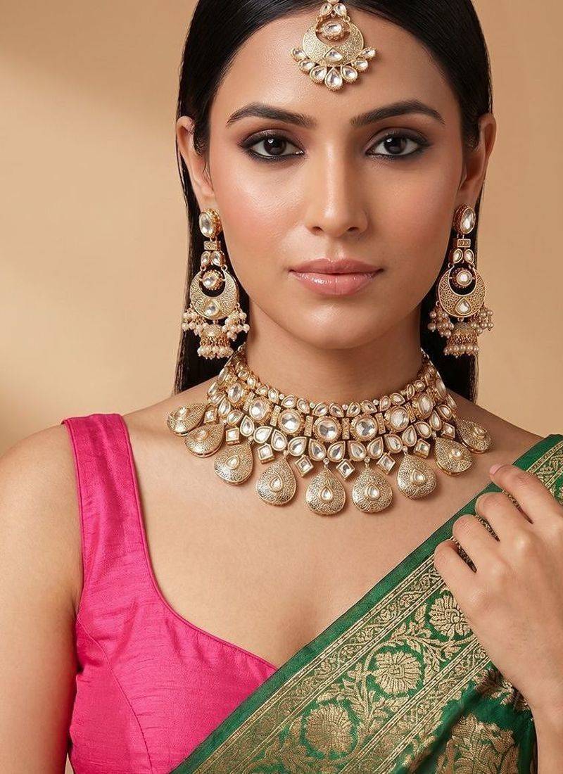 Gold plated kundan meena bridal choker set with maang tikka