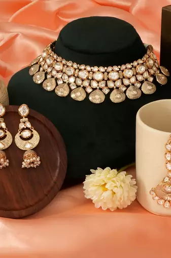 Gold plated kundan meena bridal choker set with maang tikka