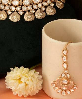 Gold plated kundan meena bridal choker set with maang tikka 3