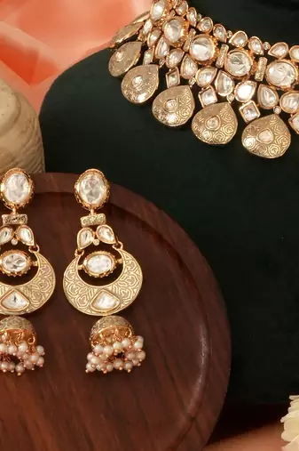 Gold plated kundan meena bridal choker set with maang tikka