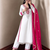 White heavy embroidered kurti pant set with contrast rani pink silk dupatta